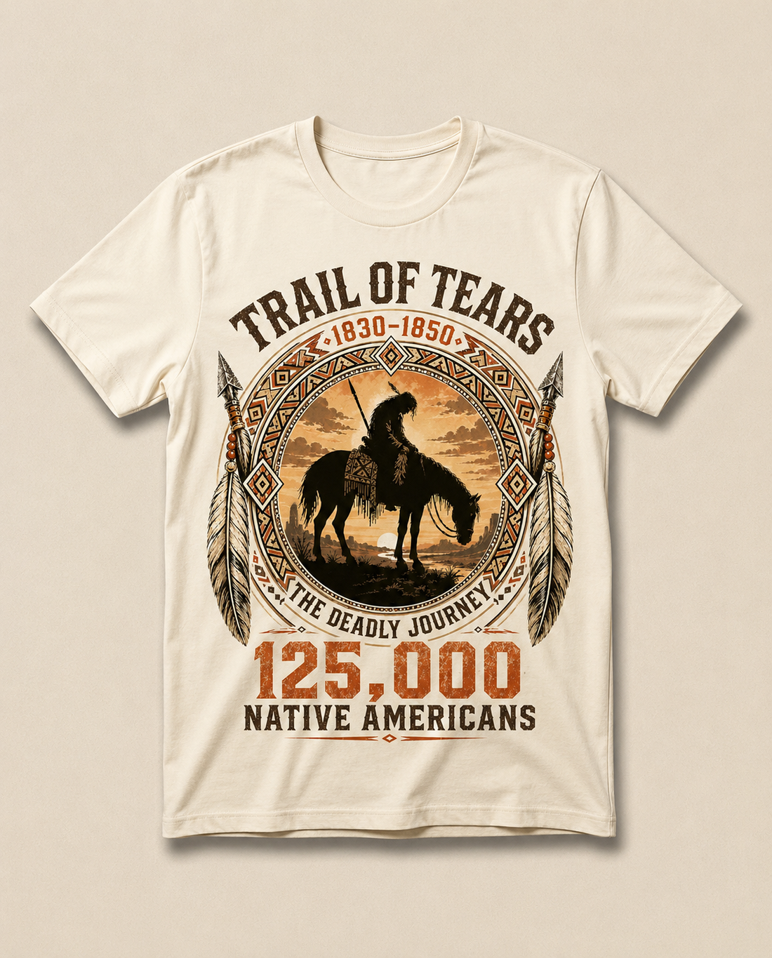 Wohali — Trail of Tears heritage tee, lone rider at sunset medallion