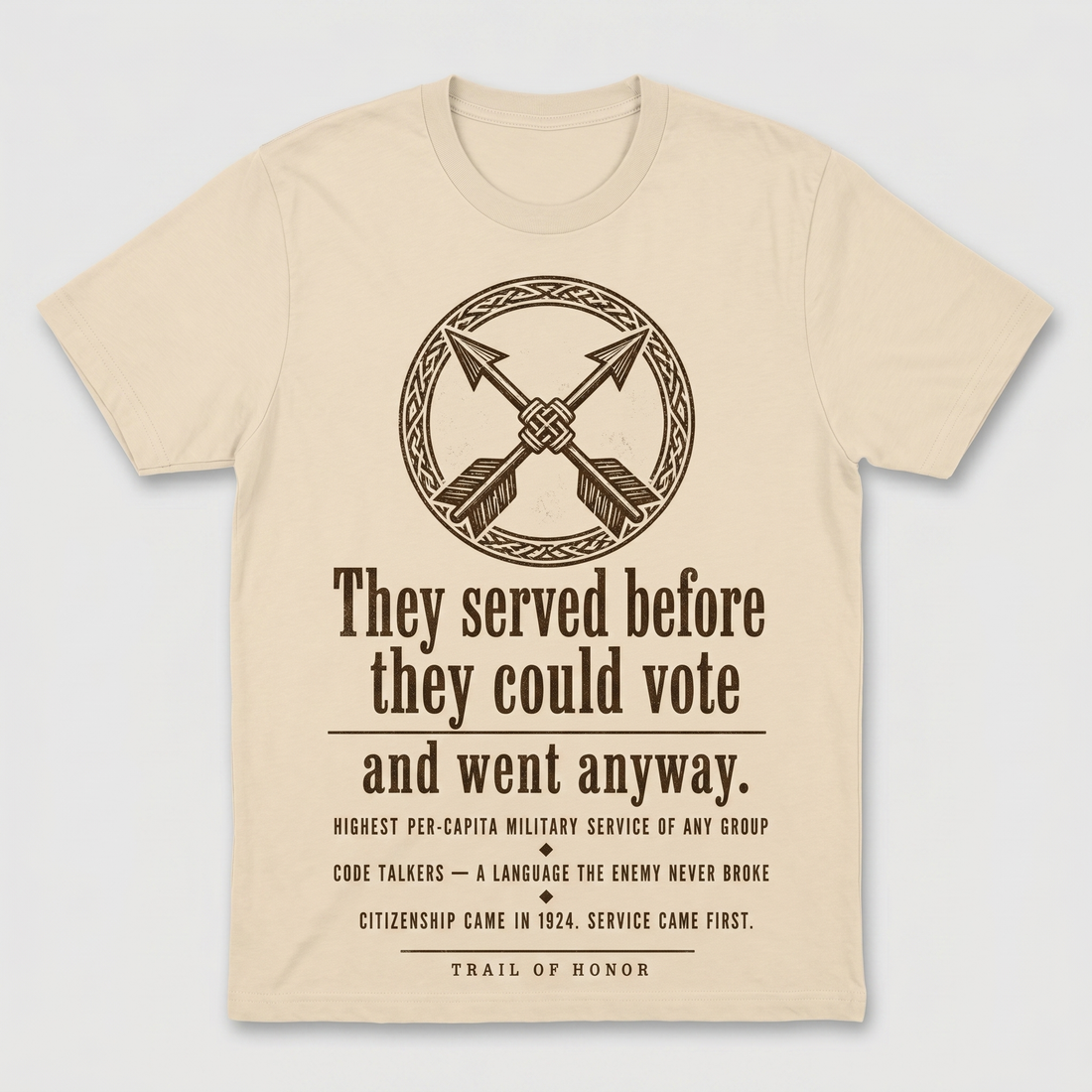 Akecheta — Trail of Honor heritage tee, crossed-arrows medallion