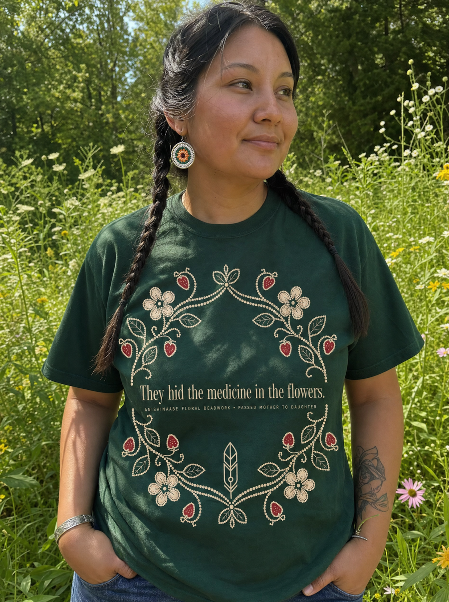 Mashkiki — Medicine in the Flowers — Heritage Tee detail
