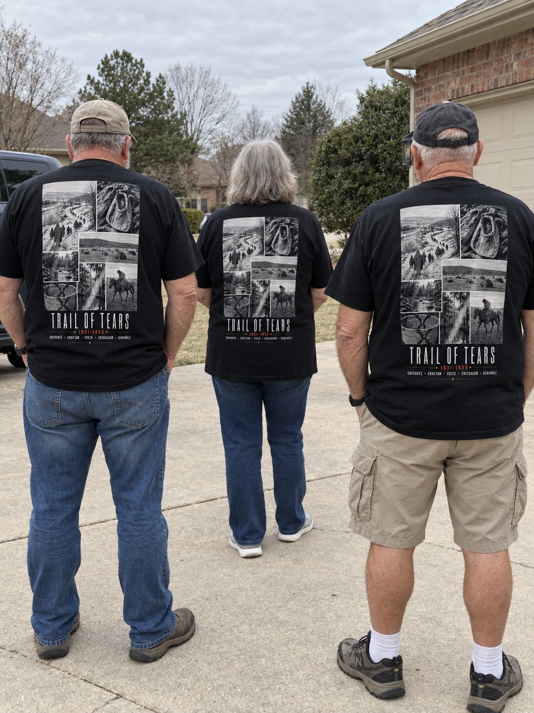 Three people aged over 60 standing apart, photographed from behind, each wearing the Kaira tee with the back print visible