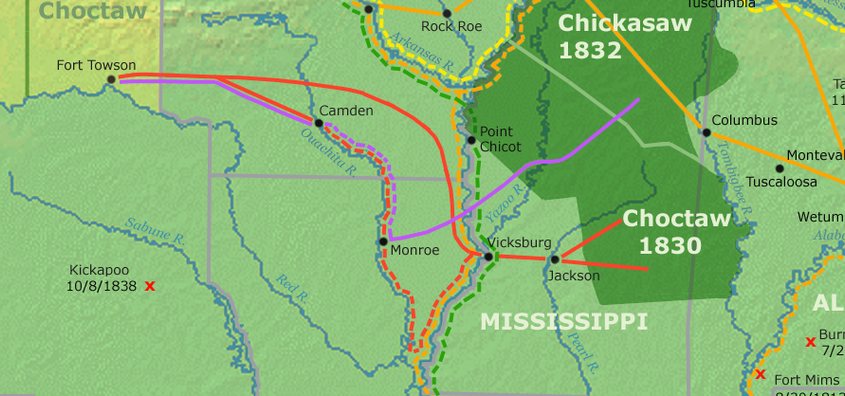 Detail of a removal-routes map showing the Choctaw route west from Mississippi in red