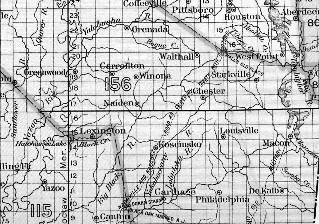 Detail of a black-and-white Bureau of American Ethnology map of central Mississippi, 1899