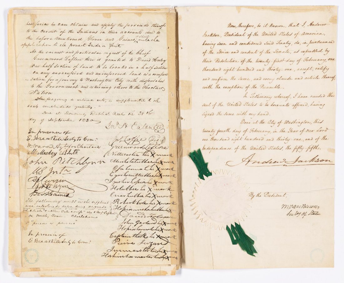 Marks of the Choctaw chiefs on the supplementary article of 28 September 1830, beside President Jackson's proclamation and seal