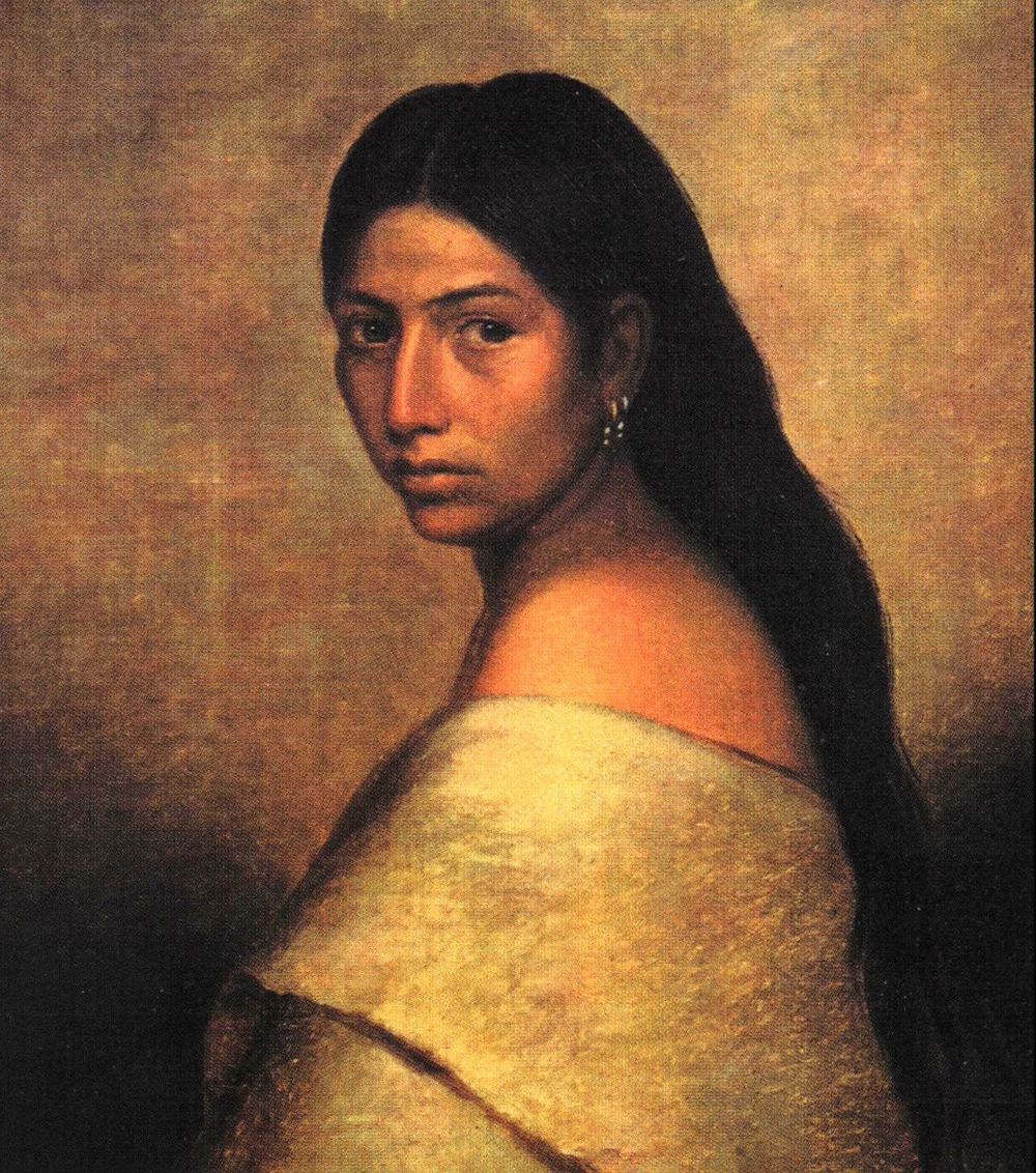 Period painting of a young Choctaw woman with long loose hair, looking back over her shoulder