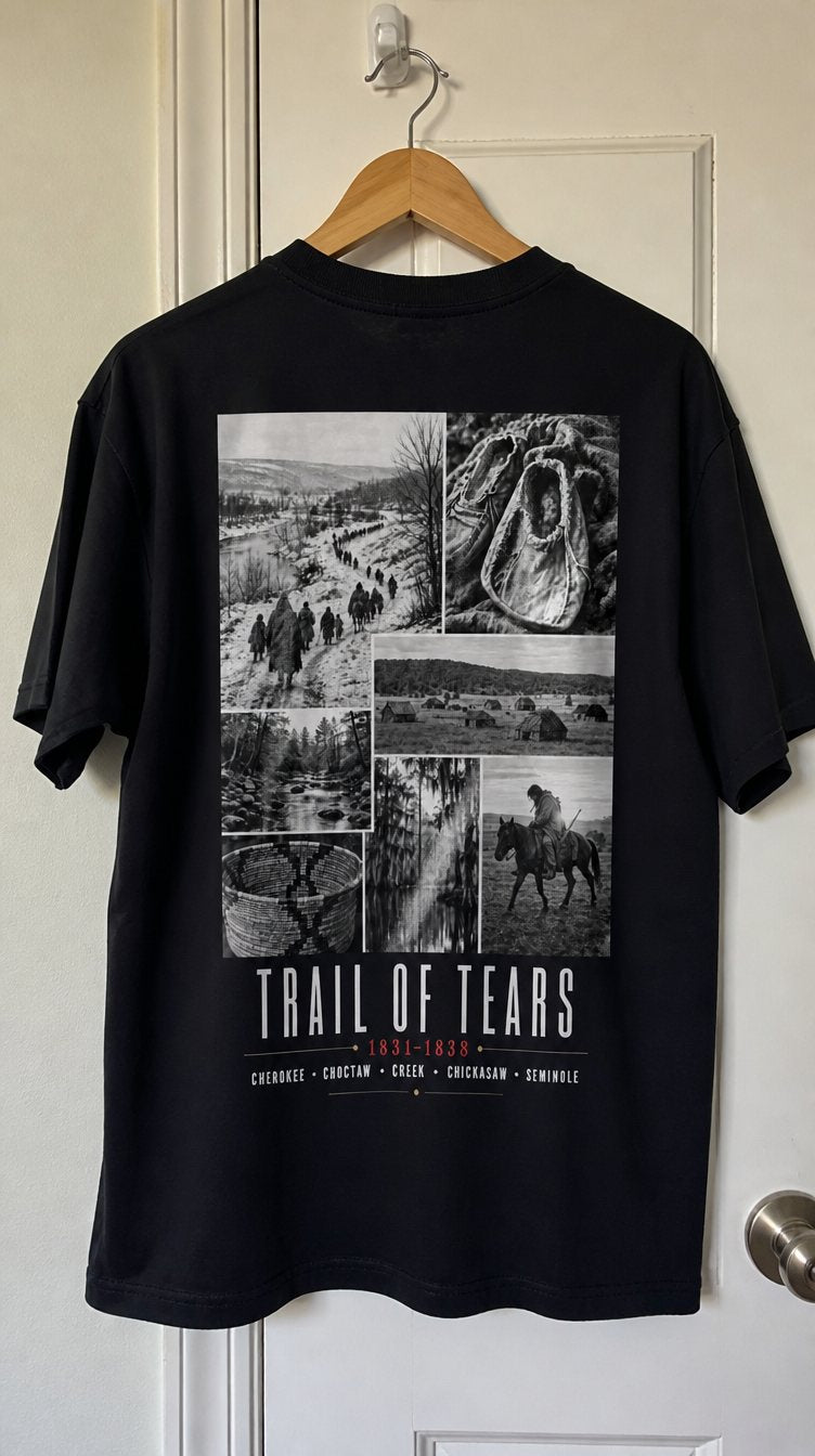The back of the same Kaira tee on a hanger, showing the printed collage and TRAIL OF TEARS