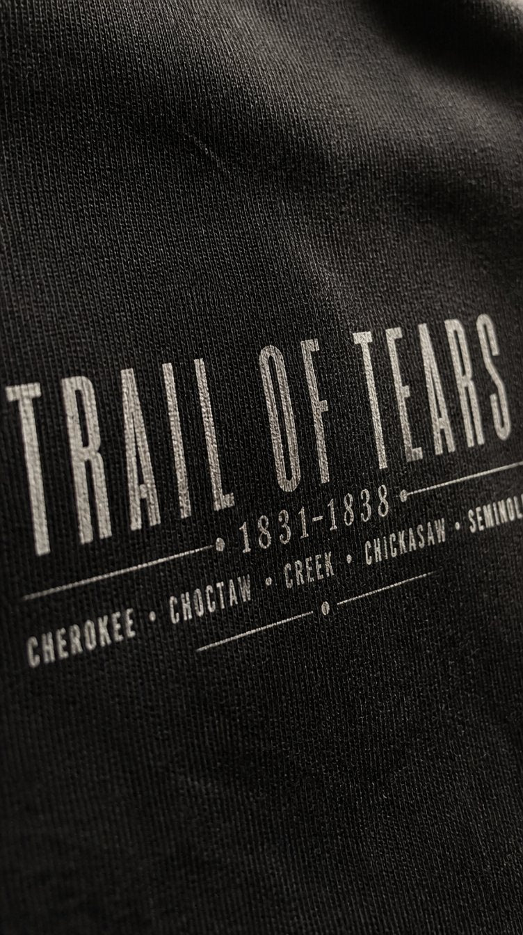 Macro of the Kaira back print lettering: TRAIL OF TEARS 1831-1838 and the nation names