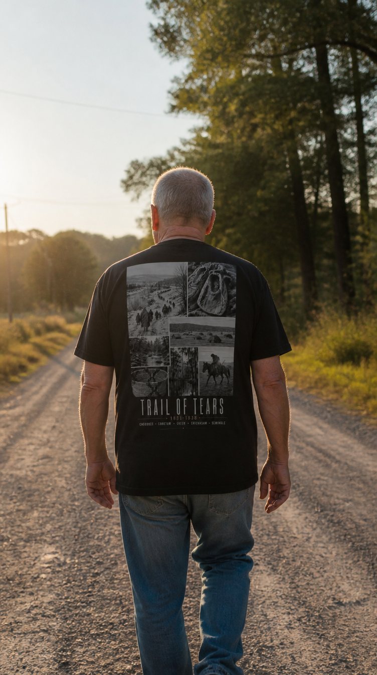 Man walking away down a country road wearing the Kaira tee, back print visible
