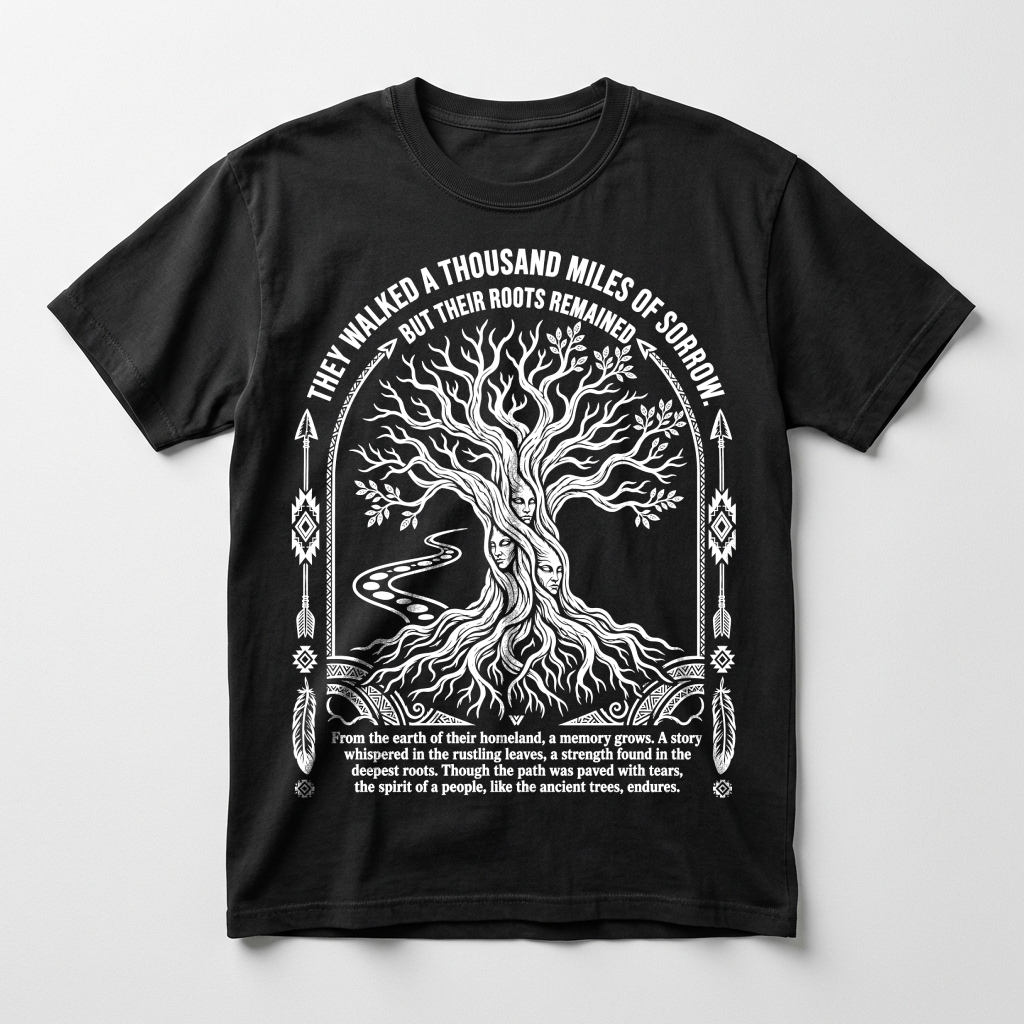 Quovara tee with ancient tree design honoring enduring roots — alternate view
