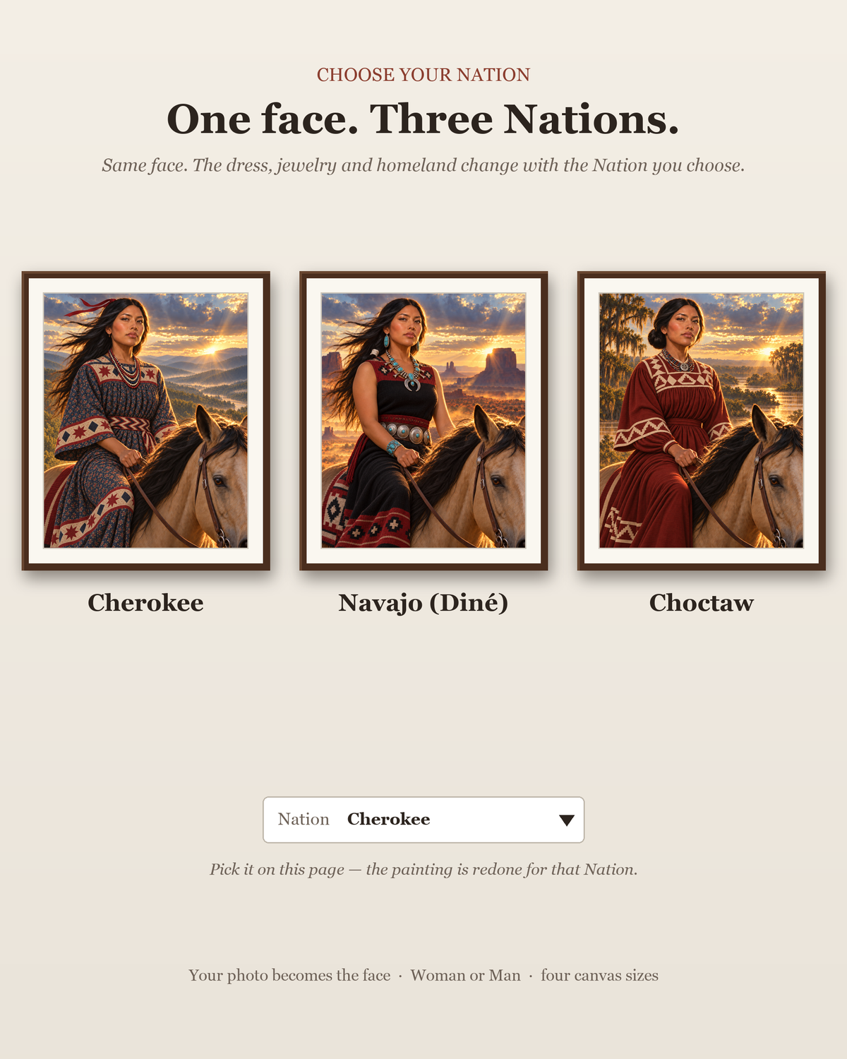 Choose your Nation: the same woman painted as Cherokee, Navajo (Diné) and Choctaw — dress, jewelry and homeland change.