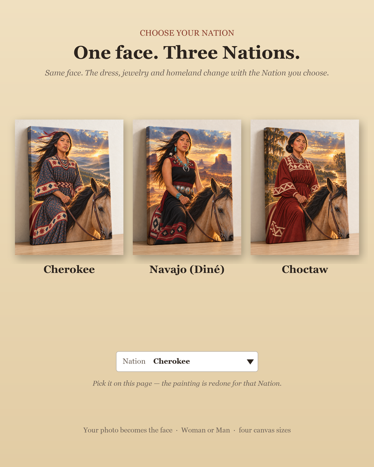 Choose your Nation: the same woman painted as Cherokee, Navajo (Diné) and Choctaw — dress, jewelry and homeland change.