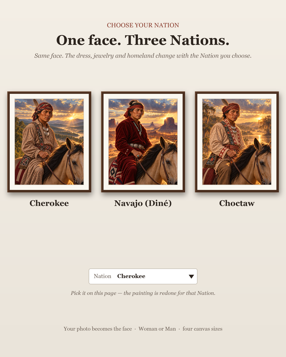 Choose your Nation: the same man painted as Cherokee, Navajo (Diné) and Choctaw — regalia and homeland change.