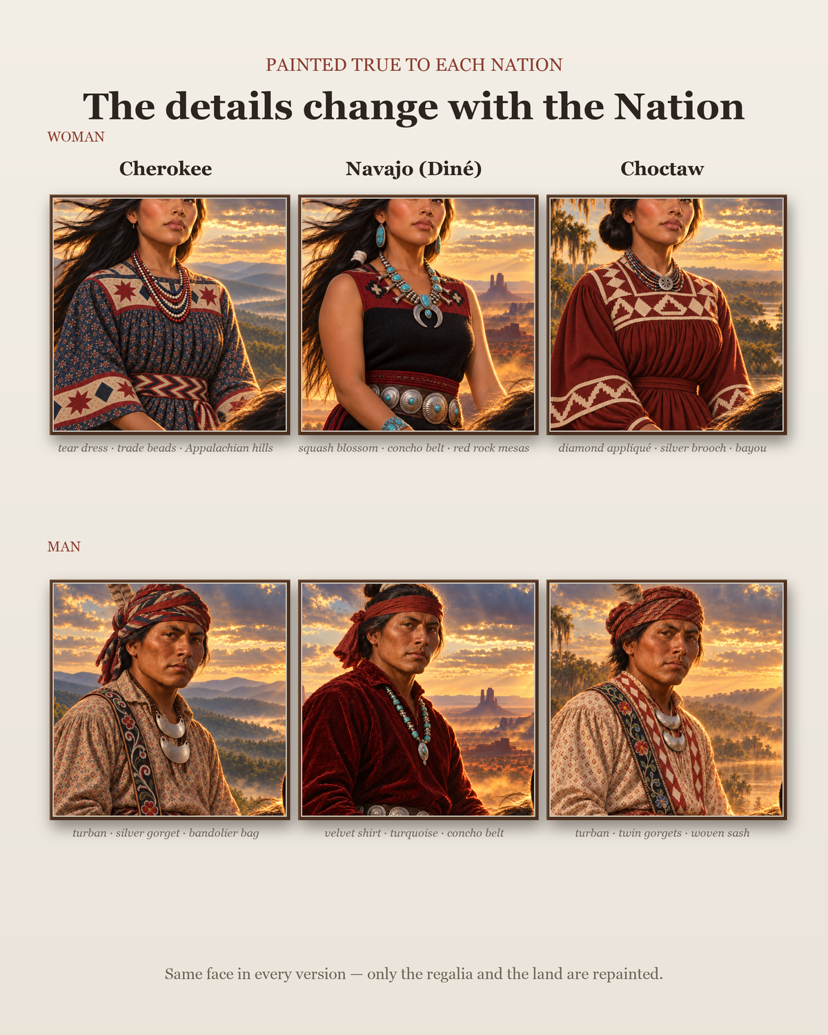 Regalia details painted true to each Nation, woman and man versions, close-up.
