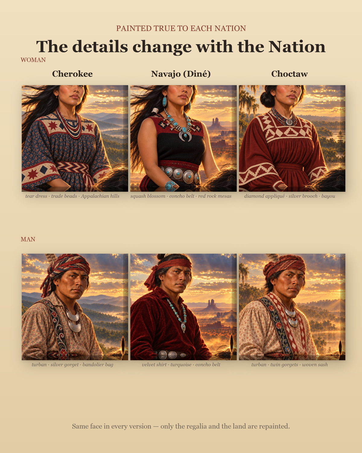 Regalia details painted true to each Nation, woman and man versions, close-up.