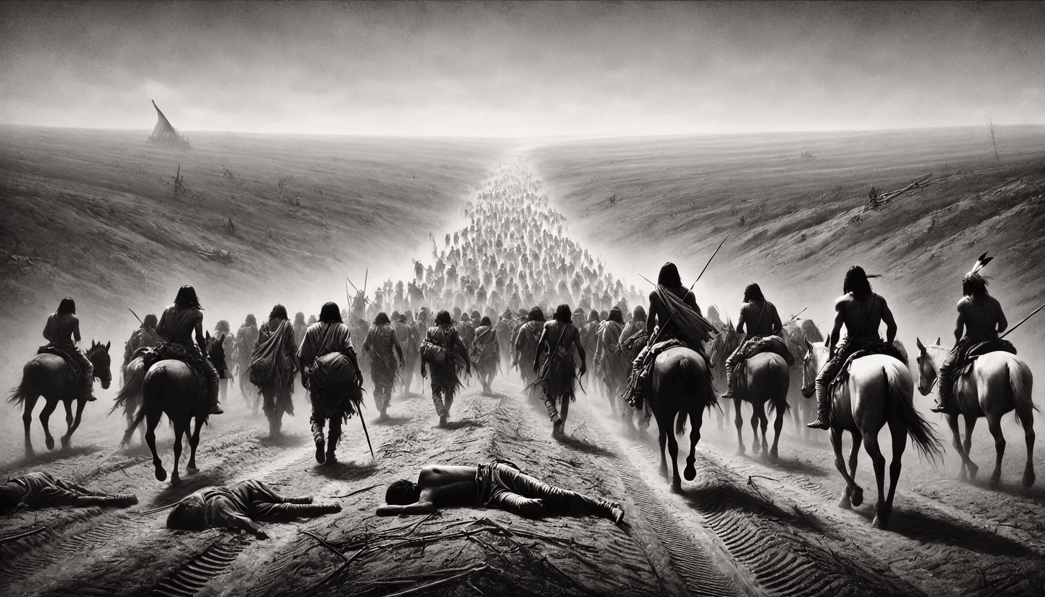 Native American families forced to march west on the Trail of Tears in the 1830s