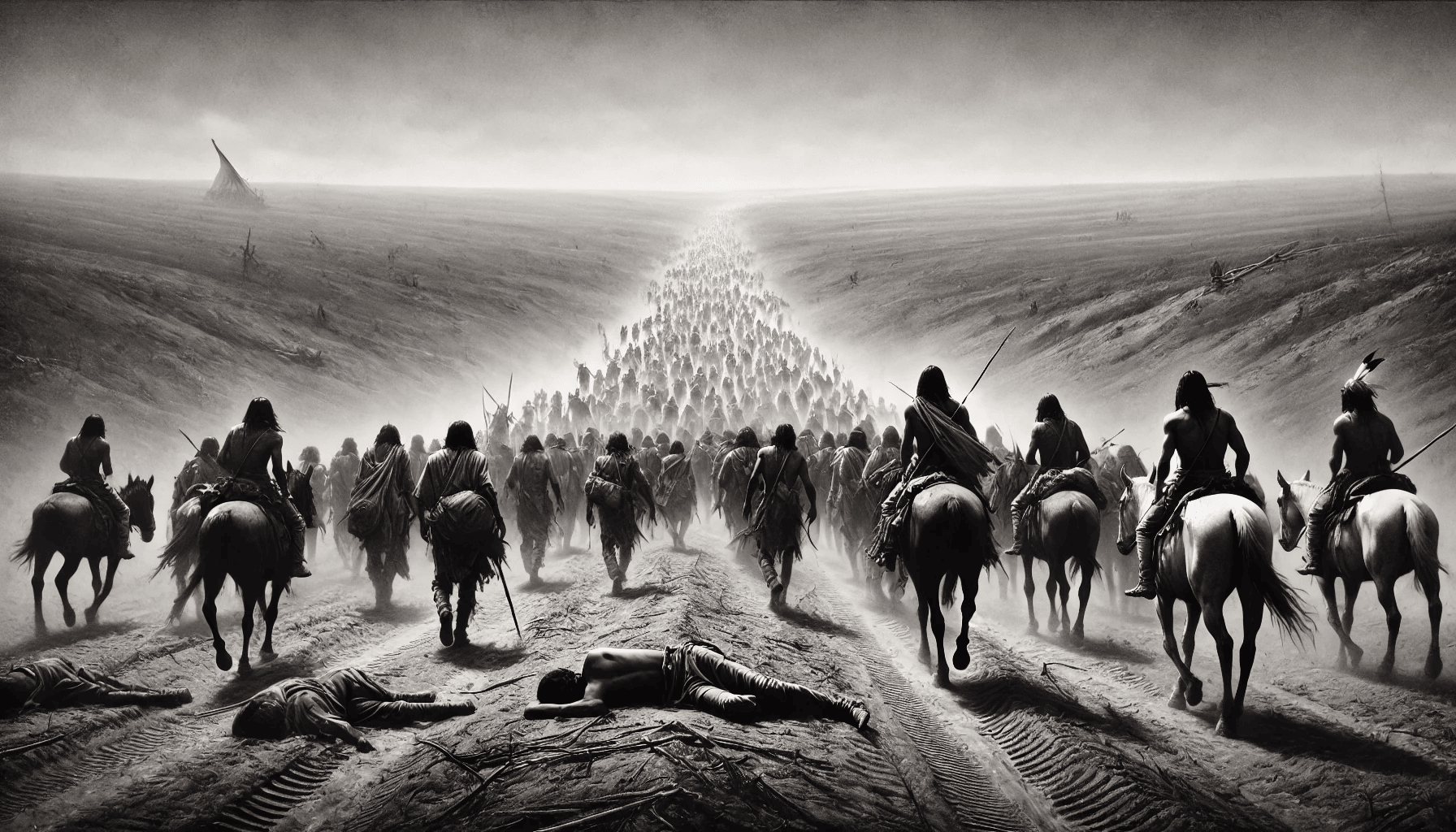 Native American families forced to march west on the Trail of Tears in the 1830s