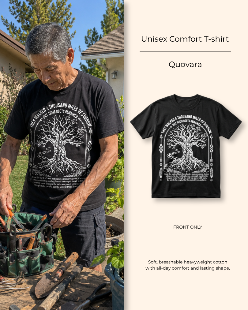 Quovara design of roots, faces, and path on a heritage t-shirt — close-up