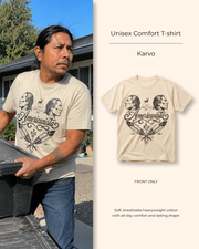 Karvo I Ain't Your Chief Bro design with mirrored elder portraits and crossed feathers on a heritage tee
