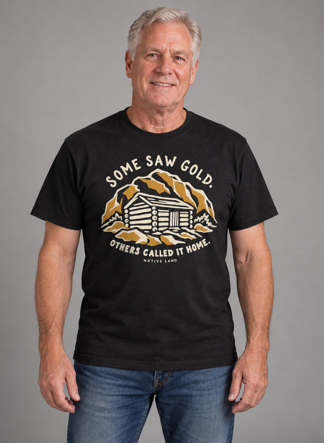 A1 Black front-print Native Land tee — AI-generated studio model image