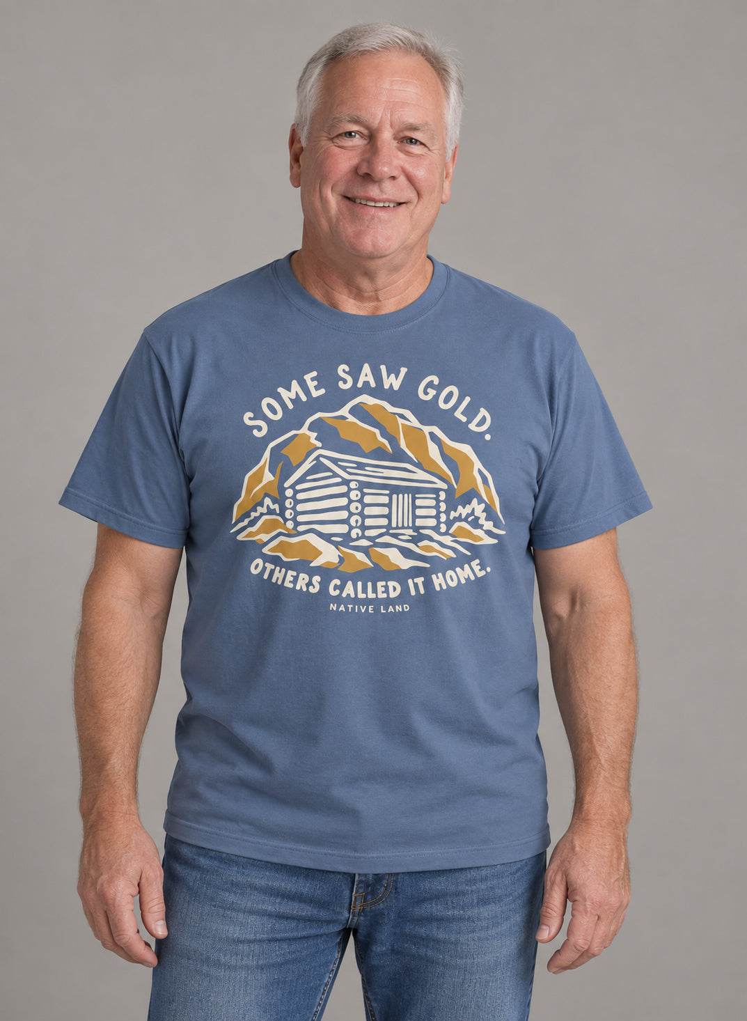 A1 Blue Jean front-print Native Land tee — AI-generated studio model image