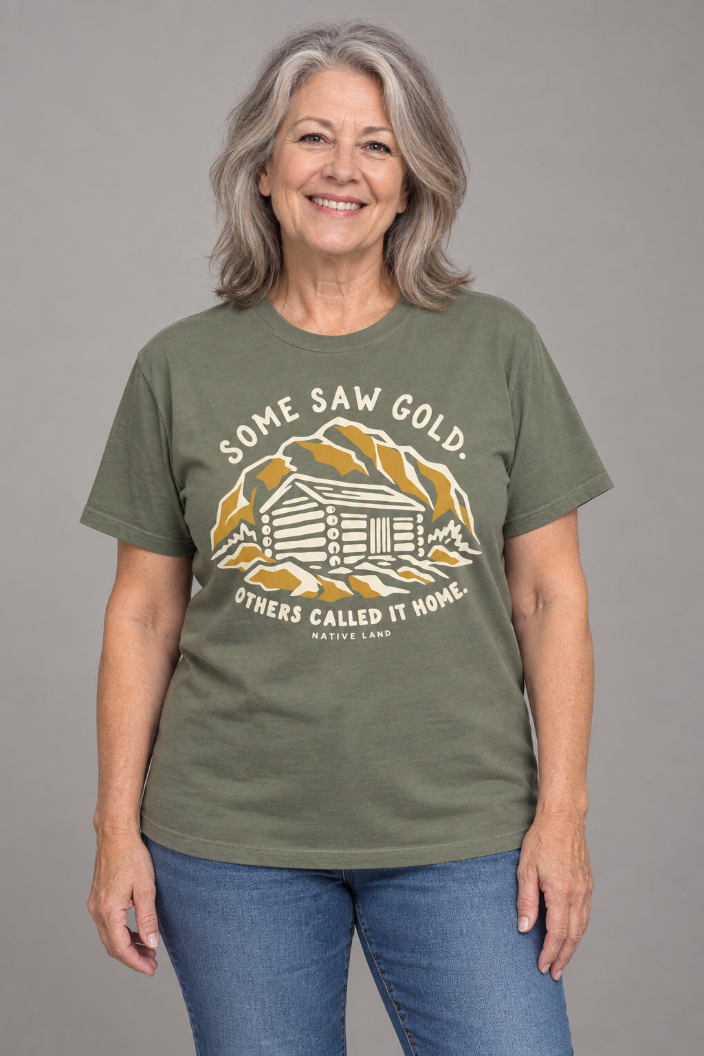 A1 Moss front-print Native Land tee — AI-generated studio model image