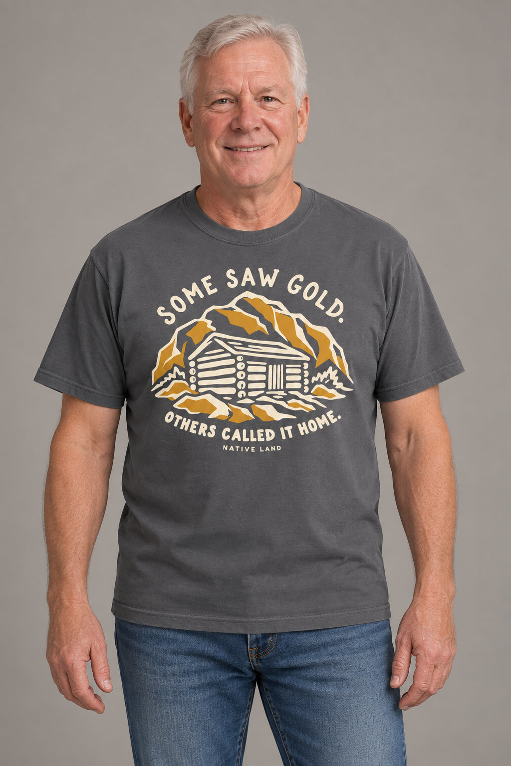 A1 Pepper front-print Native Land tee — AI-generated studio model image