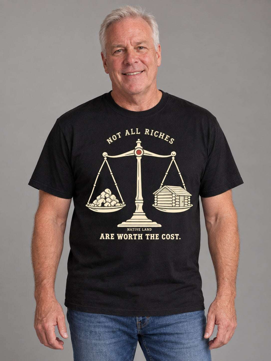 A2 Black front-print Native Land tee — AI-generated studio model image