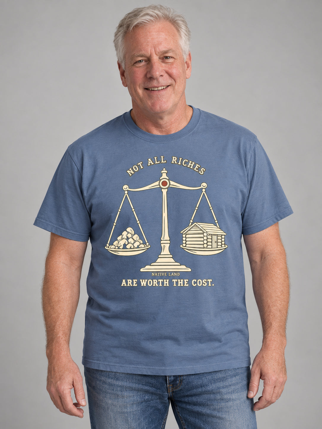 A2 Blue Jean front-print Native Land tee — AI-generated studio model image
