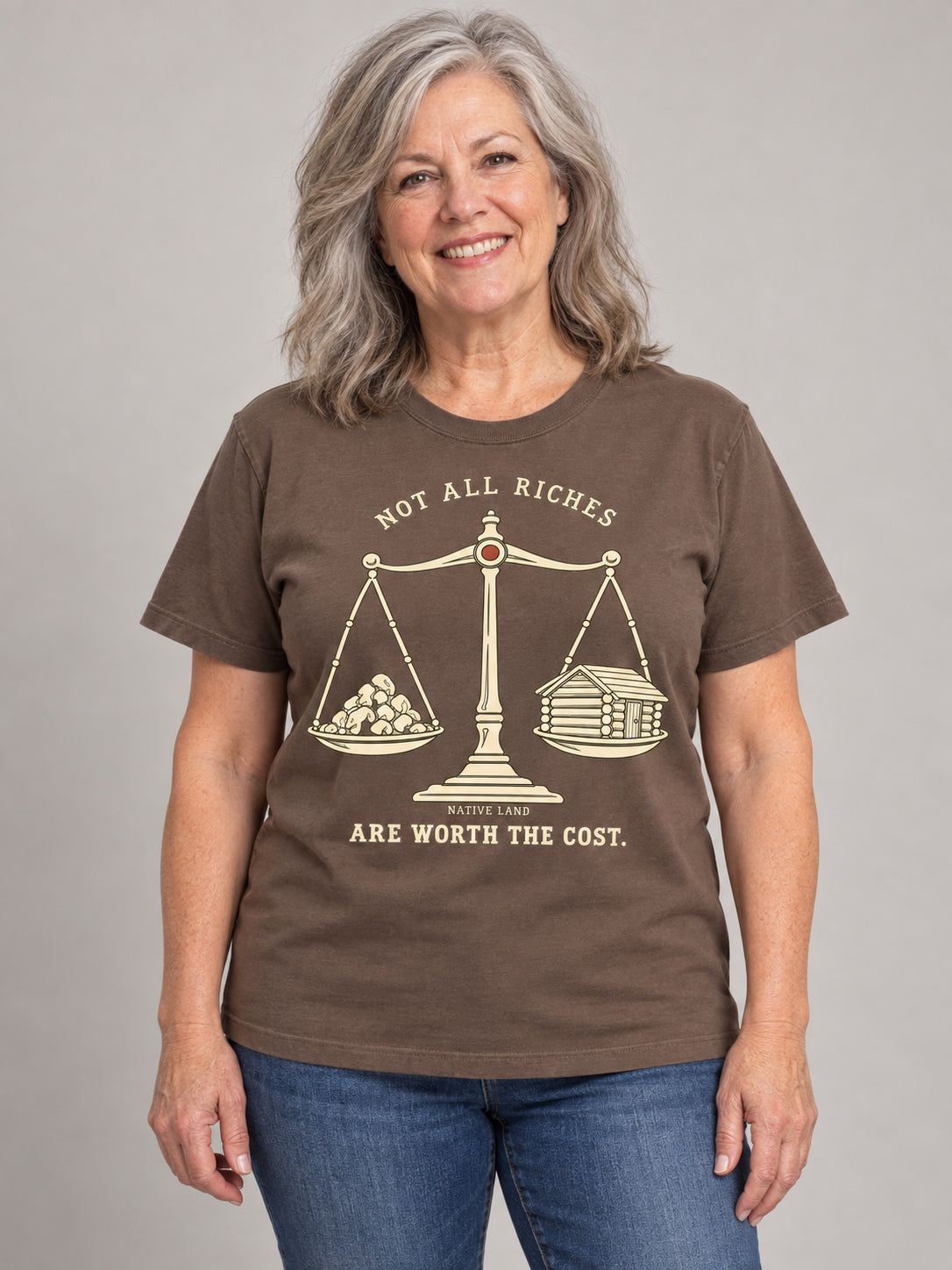 A2 Espresso front-print Native Land tee — AI-generated studio model image