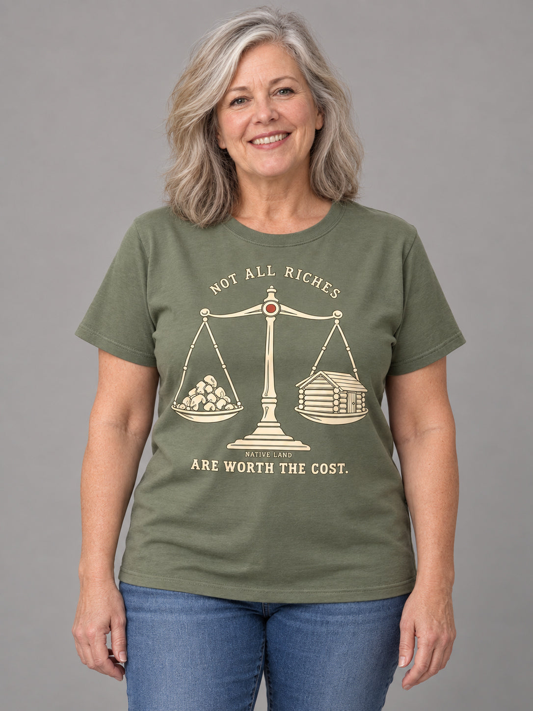 A2 Moss front-print Native Land tee — AI-generated studio model image