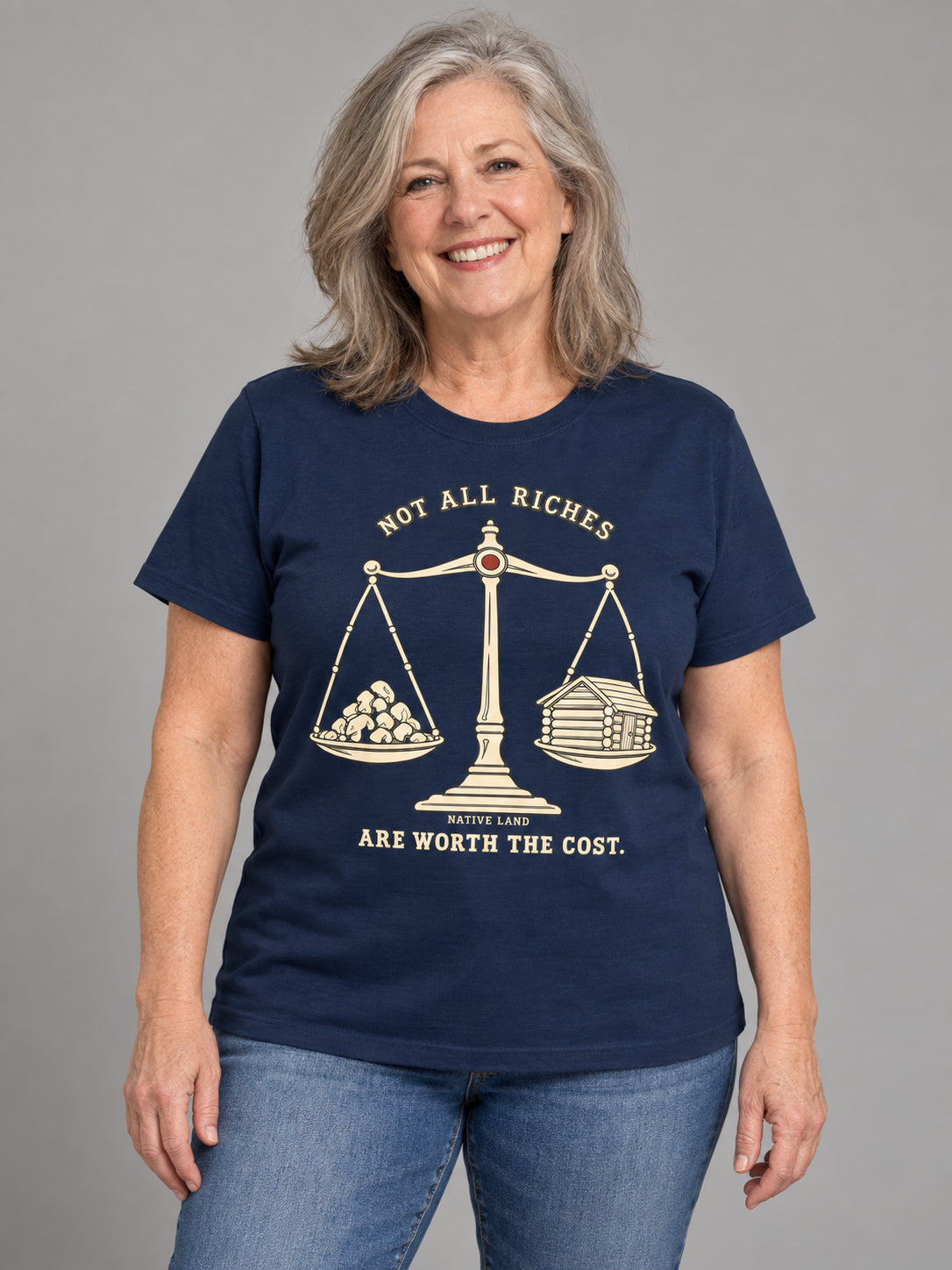 A2 Navy front-print Native Land tee — AI-generated studio model image