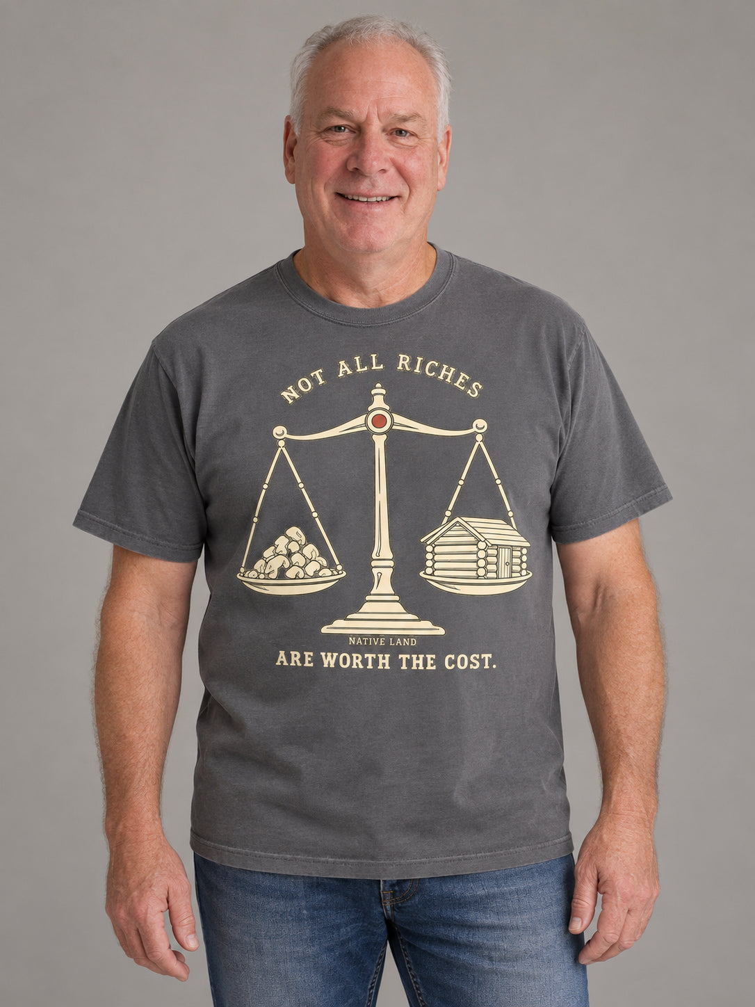 A2 Pepper front-print Native Land tee — AI-generated studio model image