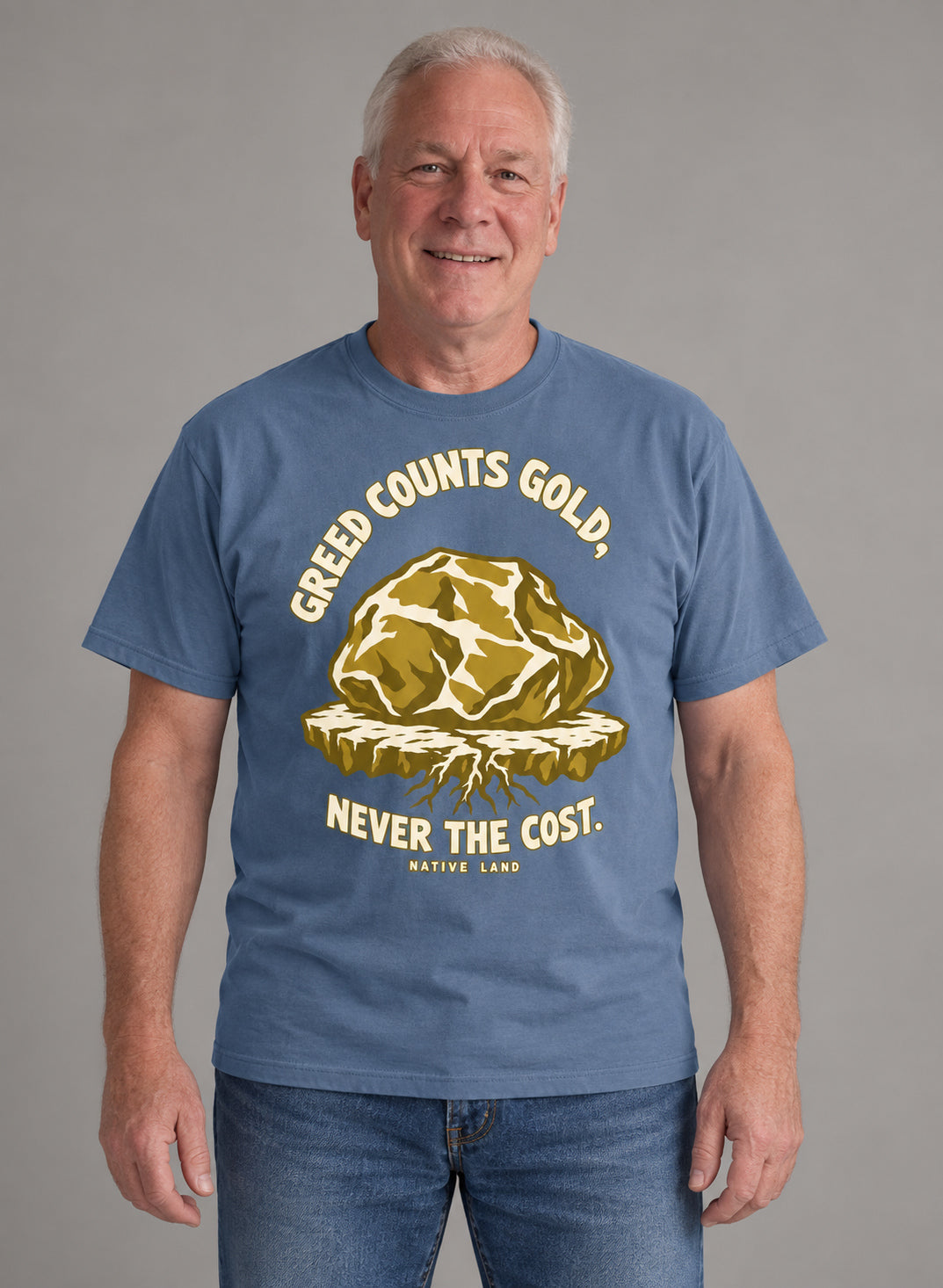 A3 Blue Jean front-print Native Land tee — AI-generated studio model image