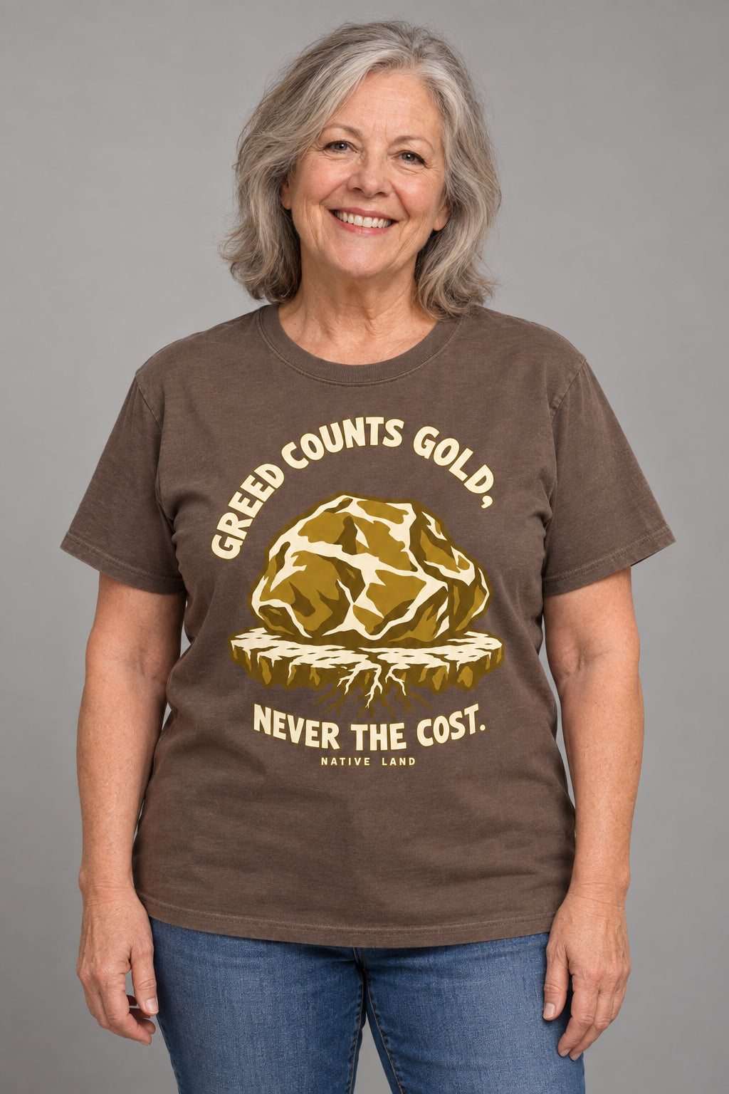 A3 Espresso front-print Native Land tee — AI-generated studio model image