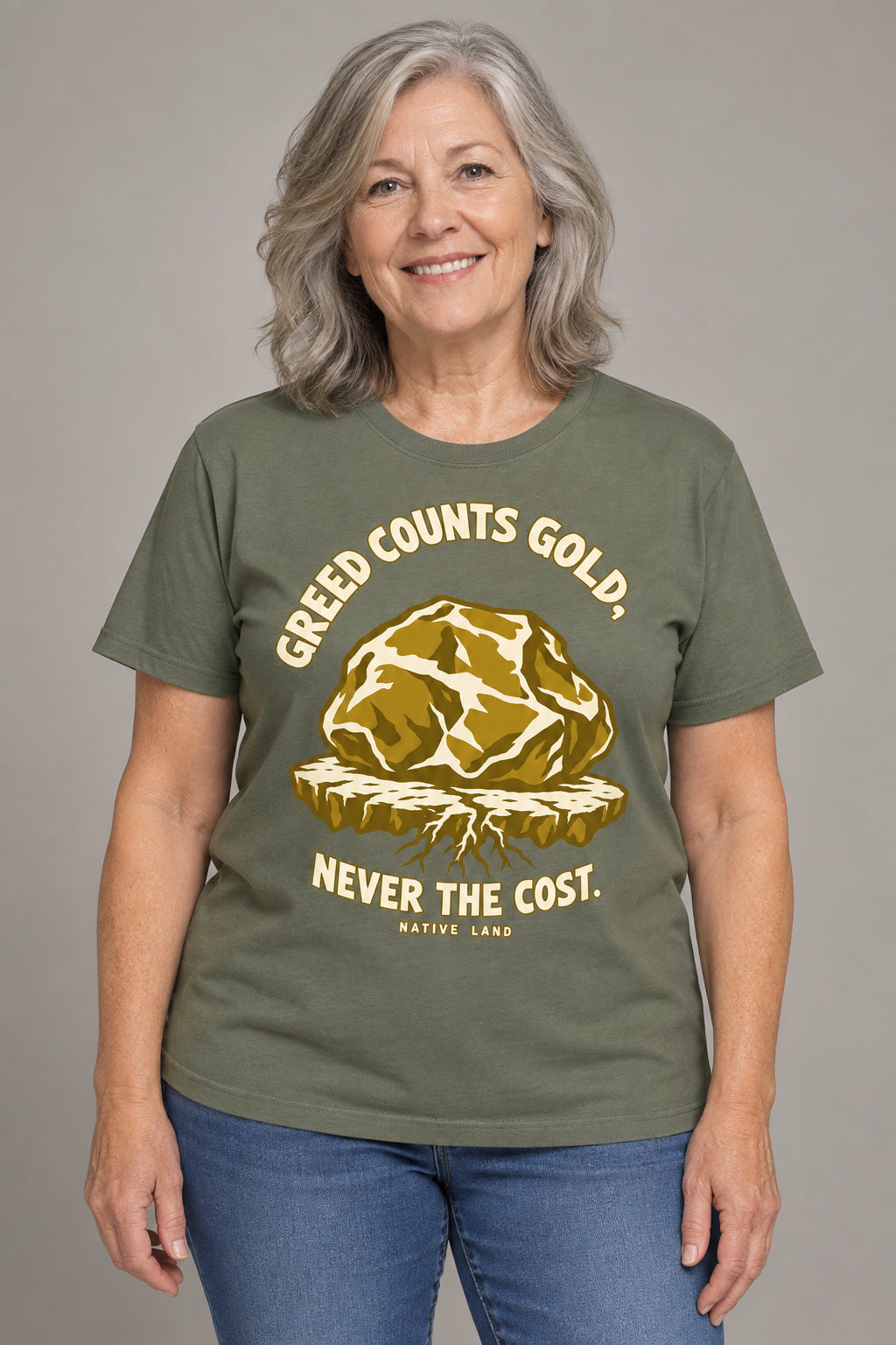 A3 Moss front-print Native Land tee — AI-generated studio model image