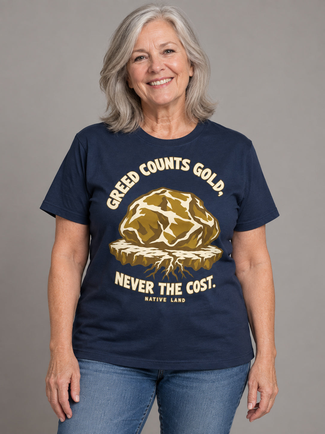 A3 Navy front-print Native Land tee — AI-generated studio model image