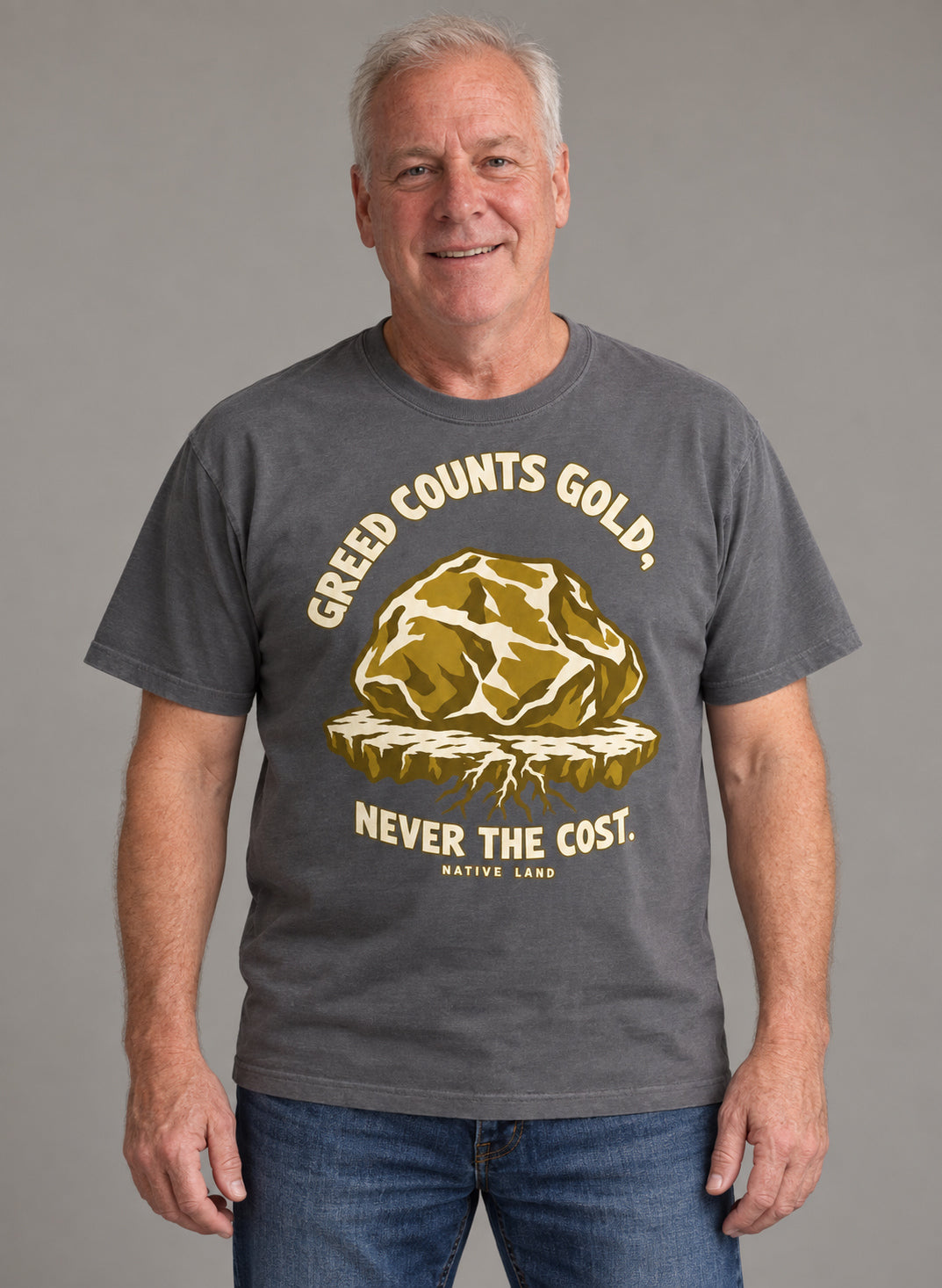 A3 Pepper front-print Native Land tee — AI-generated studio model image