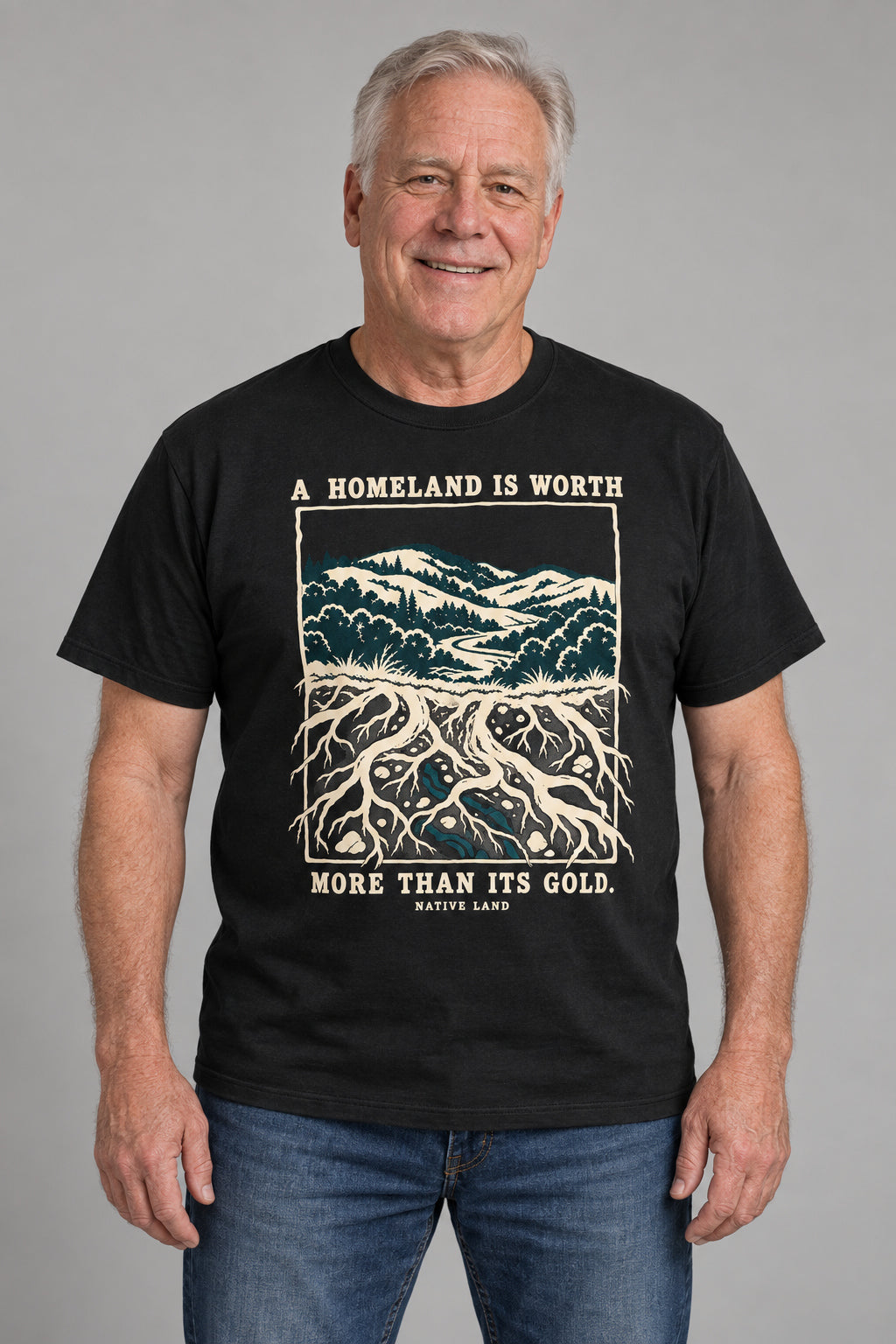 A4 Black front-print Native Land tee — AI-generated studio model image