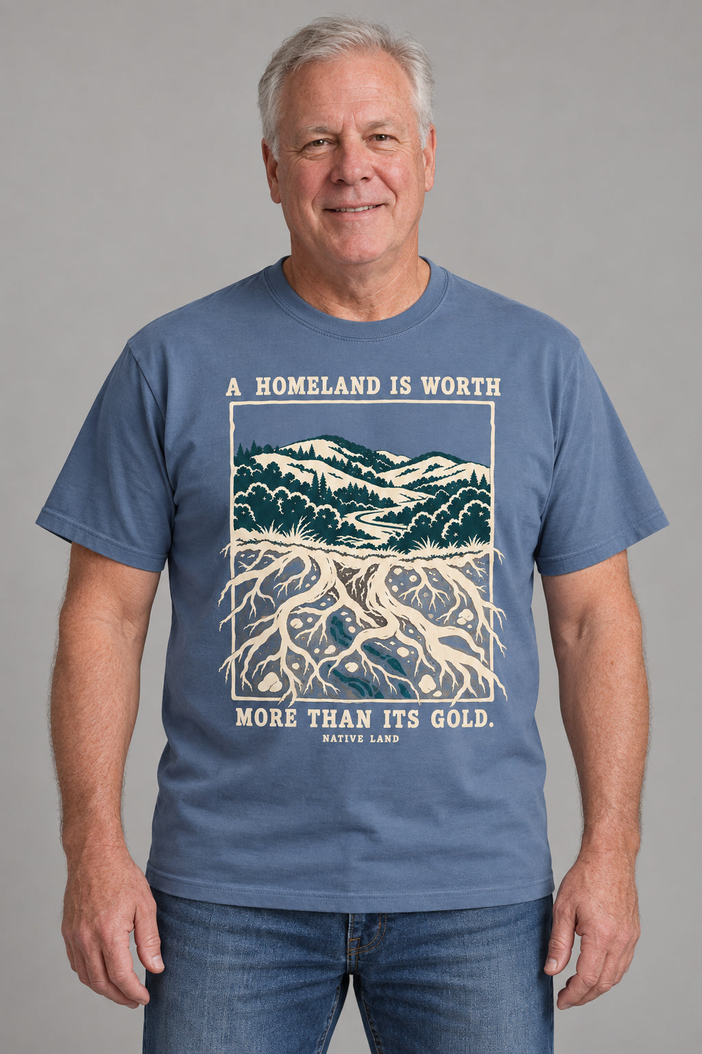 A4 Blue Jean front-print Native Land tee — AI-generated studio model image