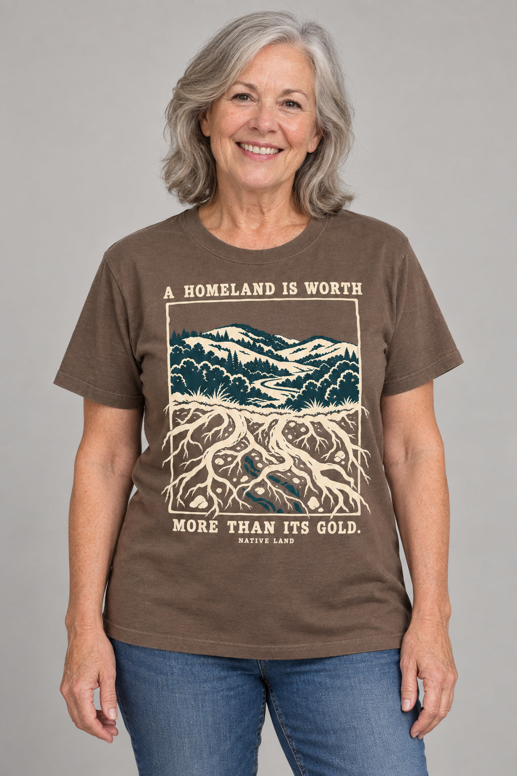 A4 Espresso front-print Native Land tee — AI-generated studio model image