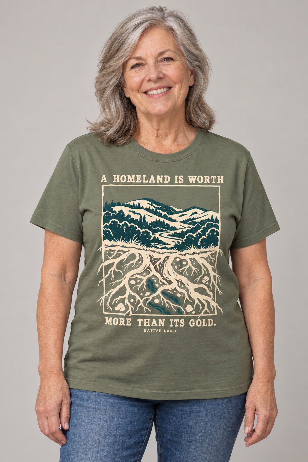 A4 Moss front-print Native Land tee — AI-generated studio model image