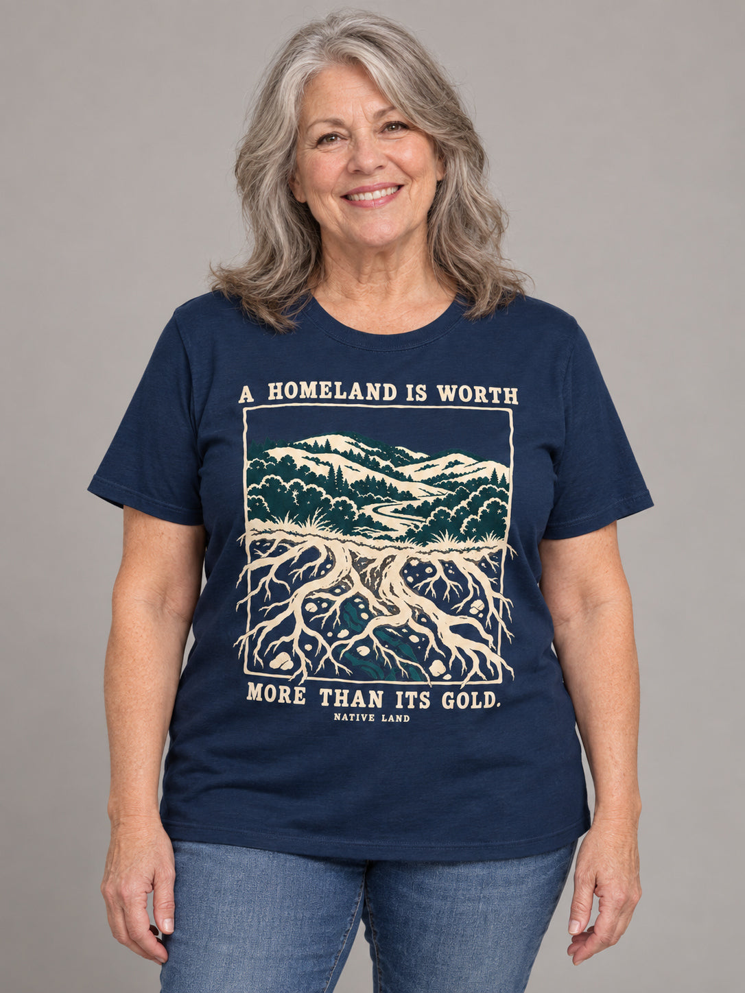 A4 Navy front-print Native Land tee — AI-generated studio model image