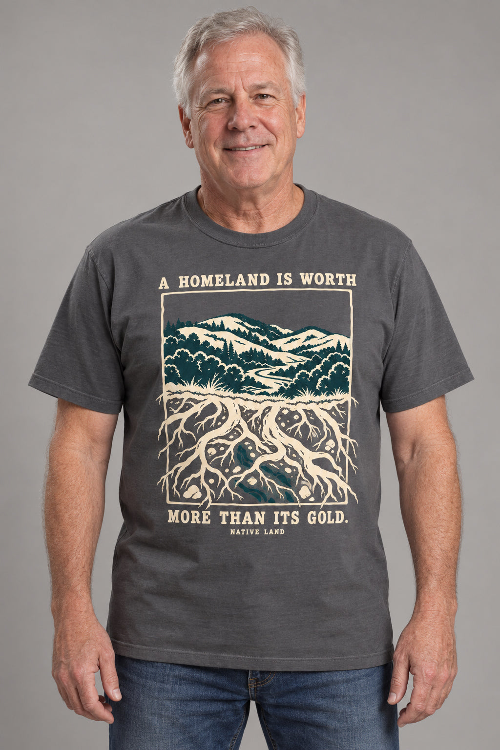 A4 Pepper front-print Native Land tee — AI-generated studio model image