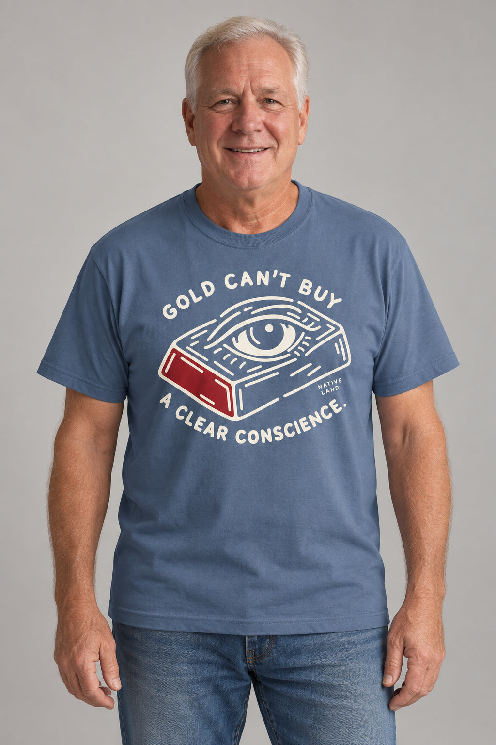 A5 Blue Jean front-print Native Land tee — AI-generated studio model image