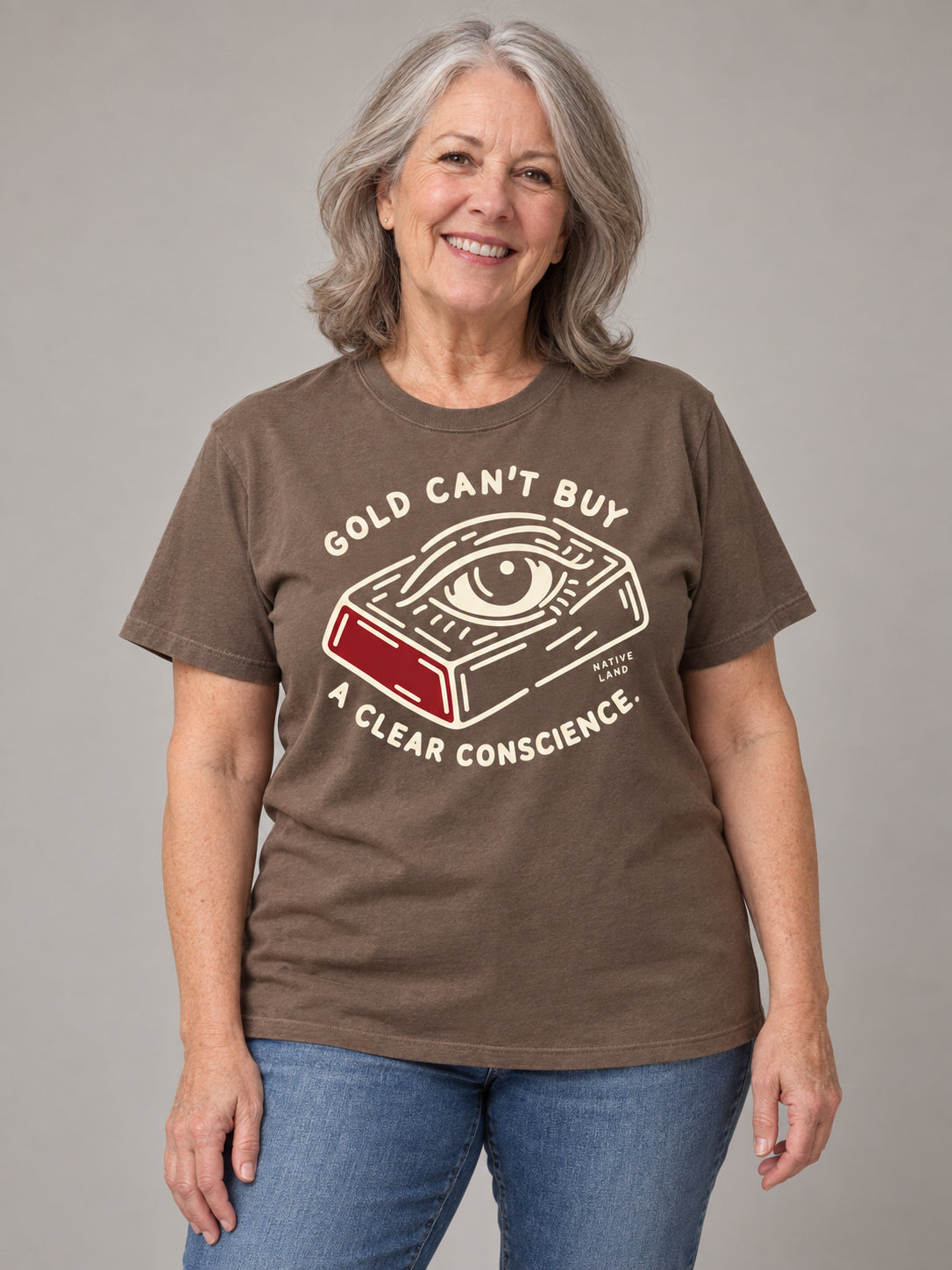 A5 Espresso front-print Native Land tee — AI-generated studio model image