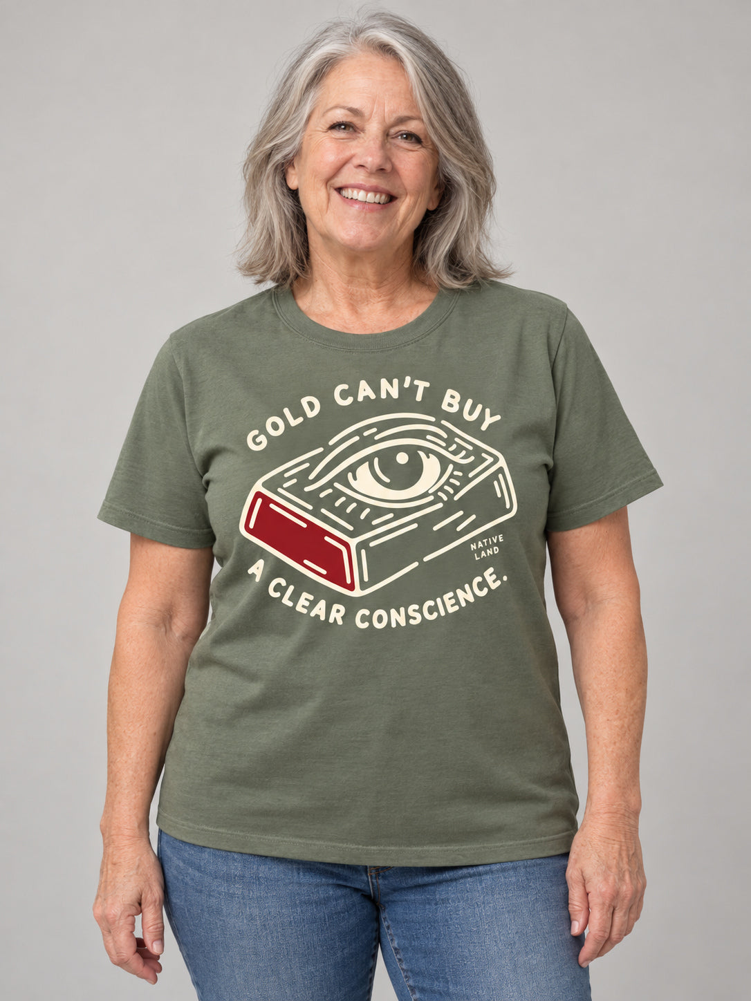 A5 Moss front-print Native Land tee — AI-generated studio model image
