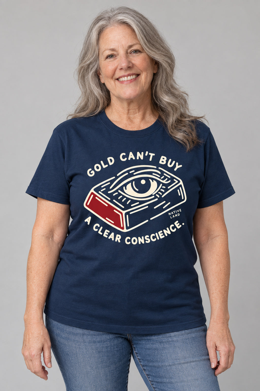 A5 Navy front-print Native Land tee — AI-generated studio model image