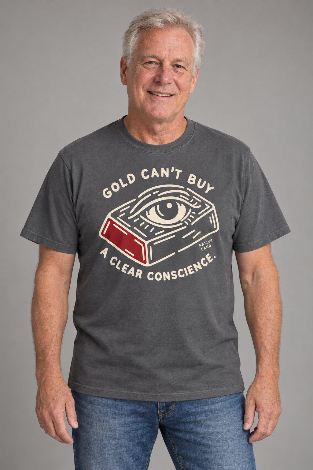A5 Pepper front-print Native Land tee — AI-generated studio model image