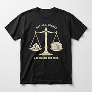 A2 Native Land heritage tee, Black, front print — NOT ALL RICHES ARE WORTH THE COST.