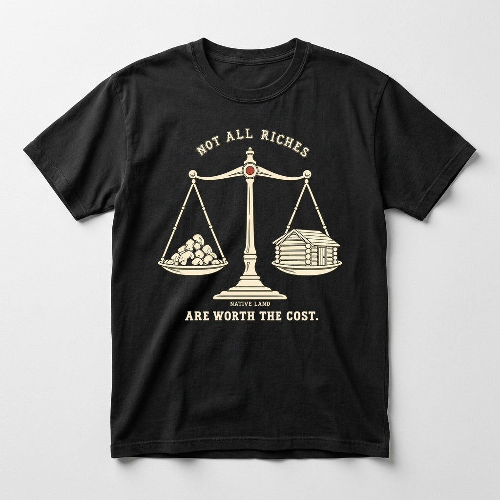 A2 Native Land heritage tee, Black, front print — NOT ALL RICHES ARE WORTH THE COST.