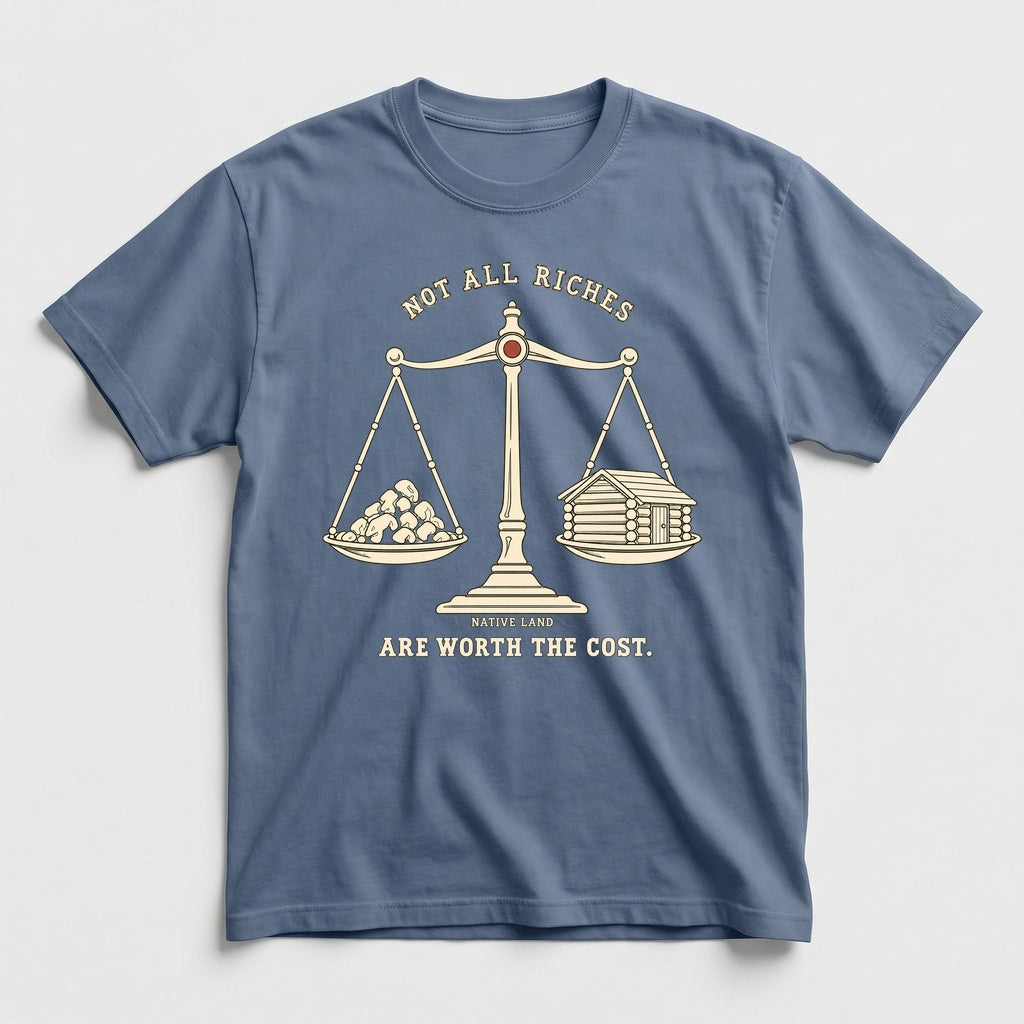 A2 Native Land heritage tee, Blue Jean, front print — NOT ALL RICHES ARE WORTH THE COST.